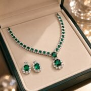 SIGLO green gemstone necklace displayed on a jewelry bust
