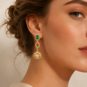 Emerald Zircon Sunflower Drop Earrings, 18K Gold Vintage Texture, Daily Wear Lucky Dainty Jewelry - Image 4