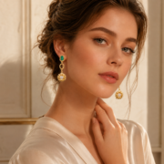 Emerald Zircon Sunflower Drop Earrings, 18K Gold Vintage Texture, Daily Wear Lucky Dainty Jewelry - Image 6