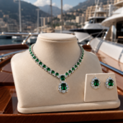 Royal Emerald-Cut Zircon Necklace and Earring Set, Platinum-Plated Pavé Halo Collar Necklace, Luxury Evening Wear Jewelry, Haute Couture Stud Earrings - Image 4