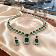 Royal Emerald-Cut Zircon Necklace and Earring Set, Platinum-Plated Pavé Halo Collar Necklace, Luxury Evening Wear Jewelry, Haute Couture Stud Earrings - Image 2