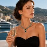 Royal Emerald-Cut Zircon Necklace and Earring Set, Platinum-Plated Pavé Halo Collar Necklace, Luxury Evening Wear Jewelry, Haute Couture Stud Earrings