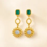Emerald Zircon Sunflower Drop Earrings, 18K Gold Vintage Texture, Daily Wear Lucky Dainty Jewelry - Image 3