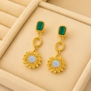 Emerald Zircon Sunflower Drop Earrings, 18K Gold Vintage Texture, Daily Wear Lucky Dainty Jewelry - Image 5