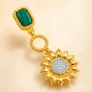 Emerald Zircon Sunflower Drop Earrings, 18K Gold Vintage Texture, Daily Wear Lucky Dainty Jewelry - Image 2