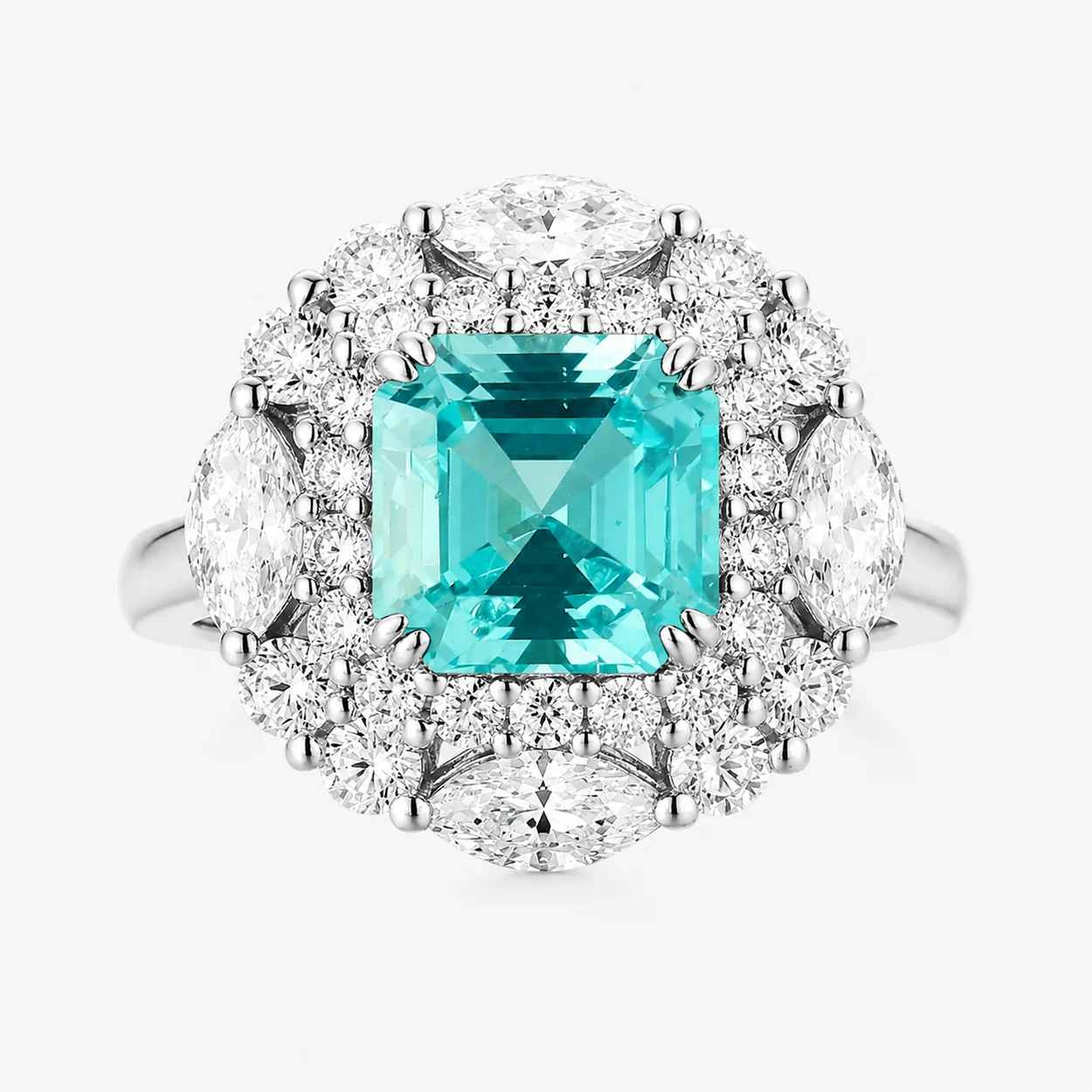 Neon Paraiba Ring front view with a 4.198ct blue-green center stone