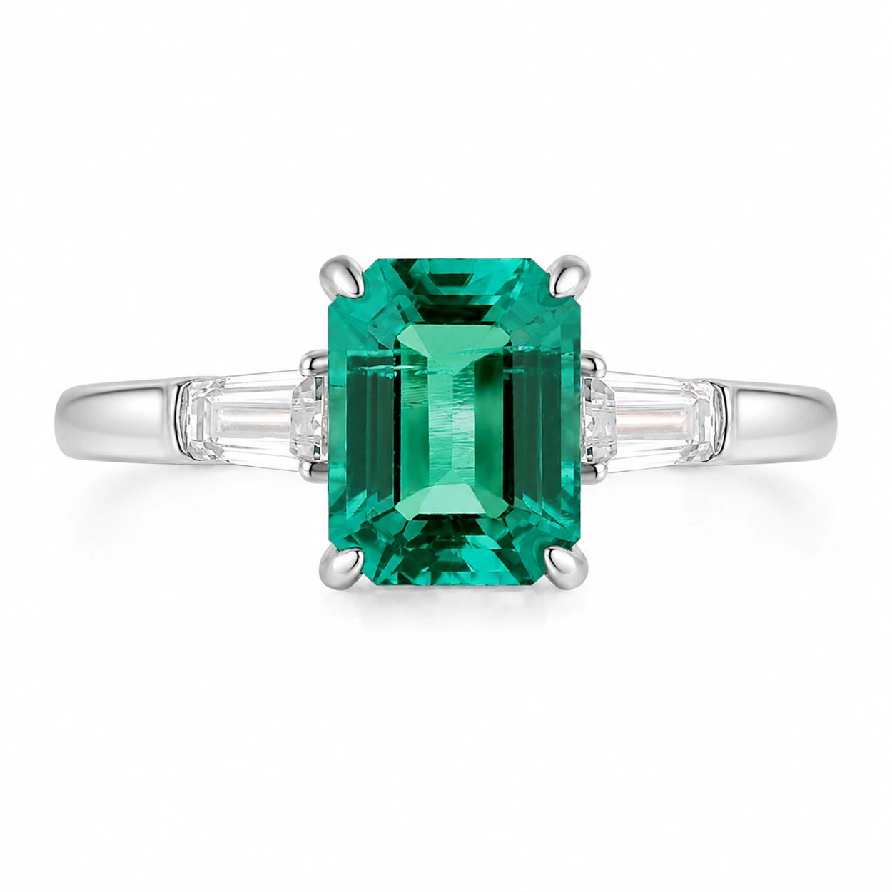 Emerald Grace Three Stone Emerald Ring with a 1.44ct green center stone