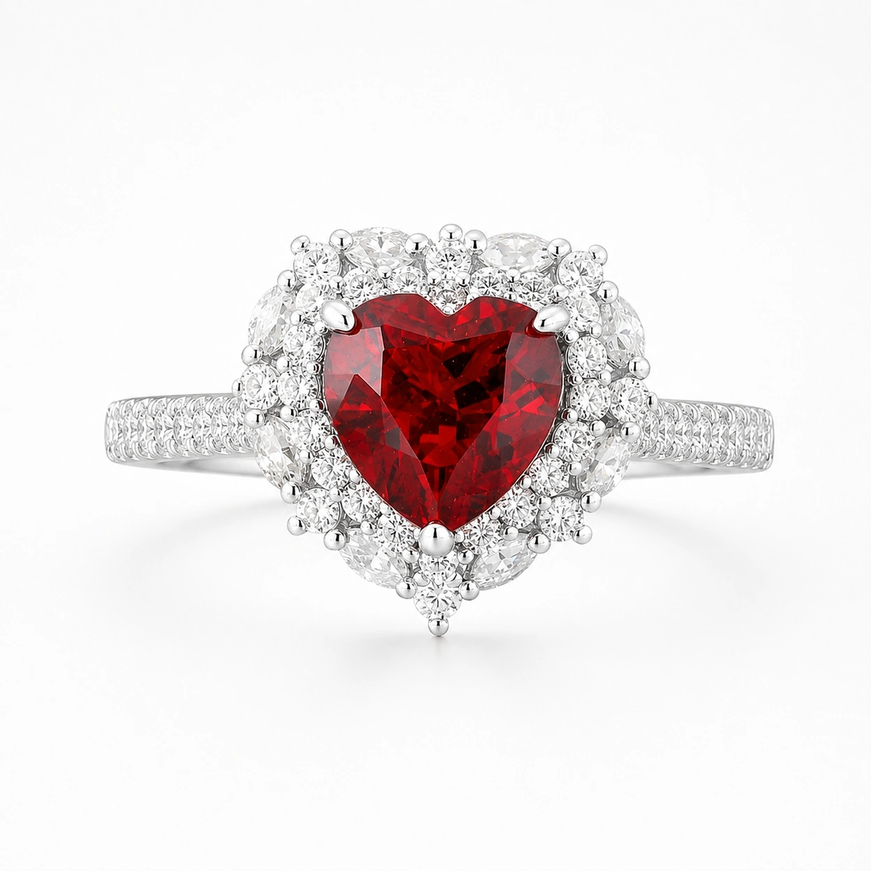 Heart’s Promise heart cut ruby ring with a 2.658ct red center stone