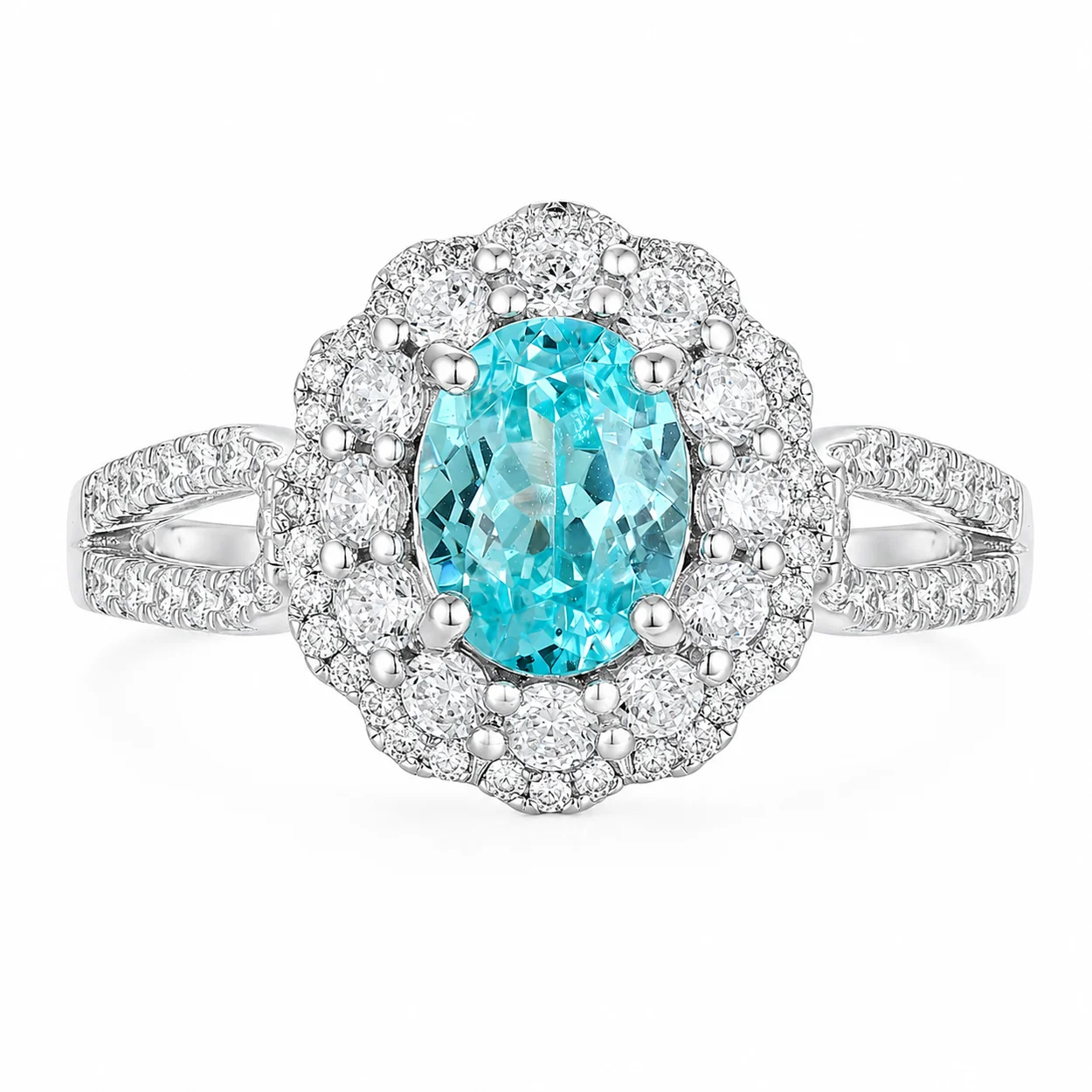 Ocean Halo Paraiba Ring with a 2.4ct blue-green center stone