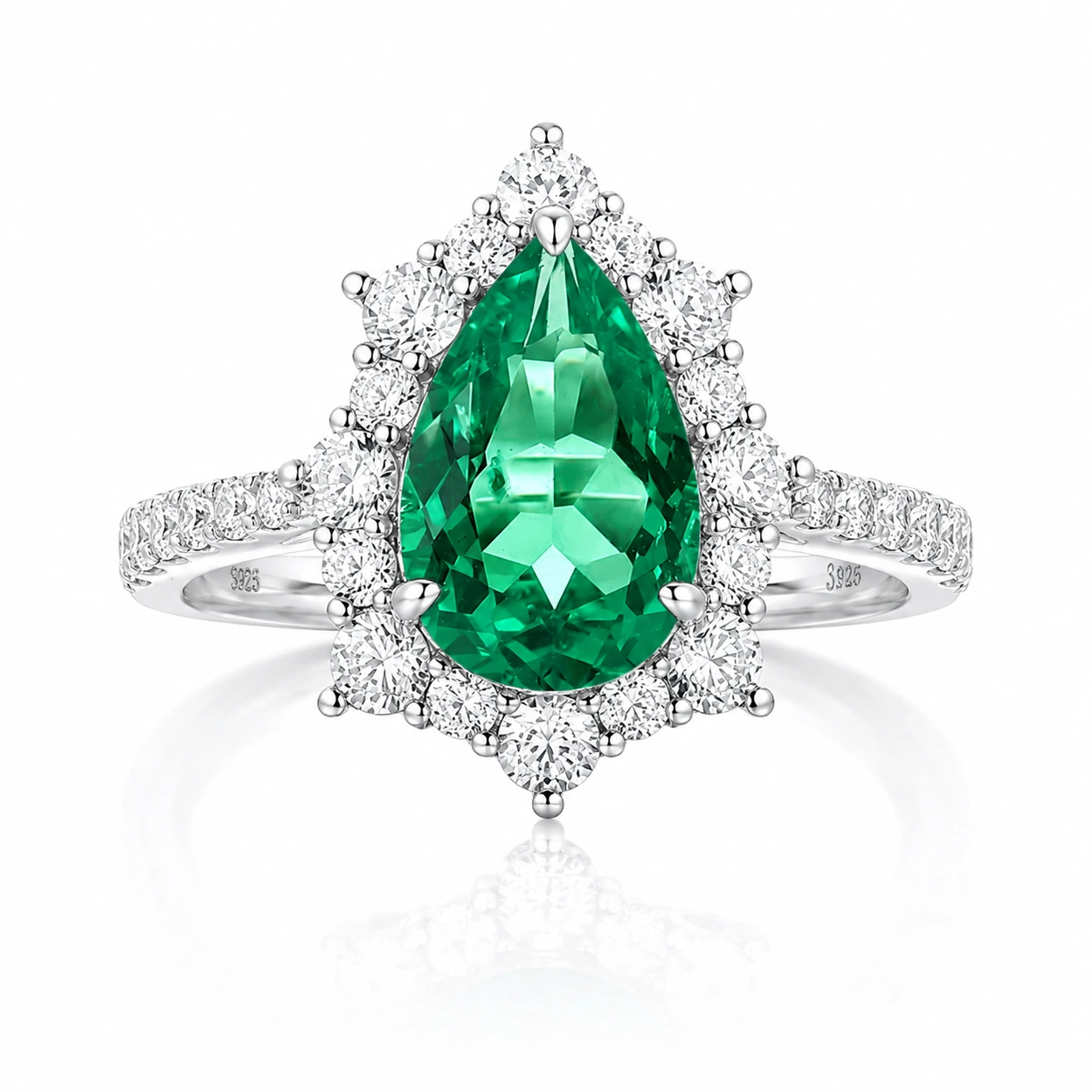 Emerald Teardrop pear cut emerald ring with a 1.856ct green center stone