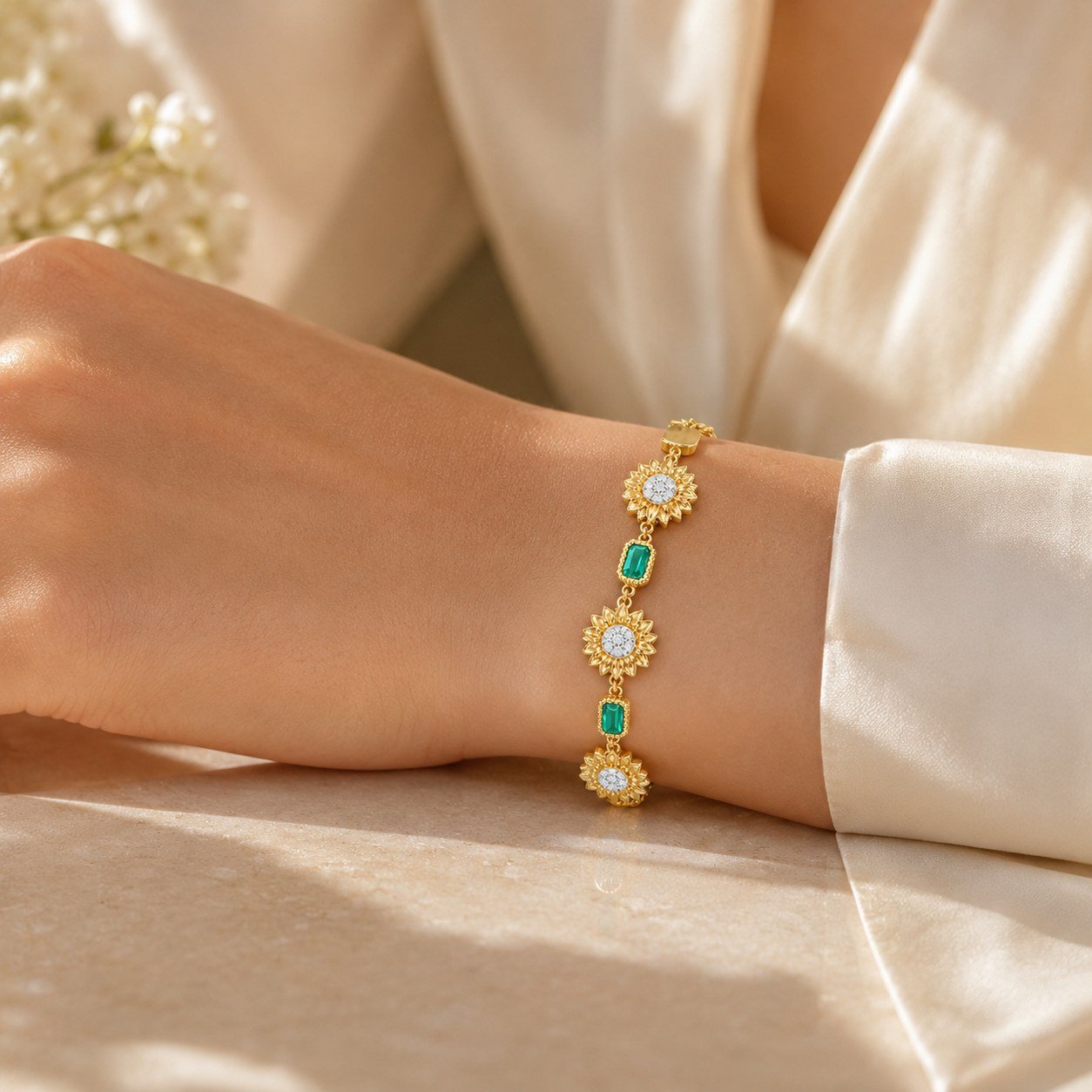 ChatGPT Image 2026年6月22日 21_33_34 (5) Vintage Spliced Malachite Texture Sunflower Natural Zircon Bracelet (18K Gold-Plated) - Image 1