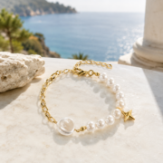 Baroque Pearl Metal Chain Bracelet With Star Charm (Gold Plated Vintage French Style) - Image 2