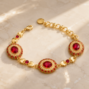 Pigeon Blood CZ Pearl Halo Court Bracelet (Gold Plated Vintage Mystic Style) - Image 4