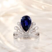 Angled view of SIGLO lab-grown blue sapphire halo ring
