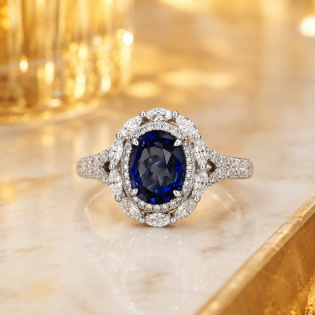 Royal Nocturne 3.76ct Oval Lab-Grown Sapphire Halo Ring Royal Nocturne 3.76ct Oval Lab-Grown Sapphire Halo Ring - Image 1