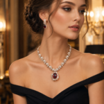 Vintage Pearl Oval Colored Gem Cubic Zirconia Jewelry Set (Necklace + Earrings)