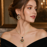 Vintage Layered Floral Peacock Flower Cubic Zirconia Necklace & Earrings Set, 18K Gold Plated Luxury Dark Blue Gem Statement Jewelry For Wedding Banquet - Image 3