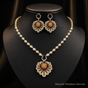 Vintage Layered Floral Peacock Flower Cubic Zirconia Necklace & Earrings Set, 18K Gold Plated Luxury Dark Blue Gem Statement Jewelry For Wedding Banquet - Image 2