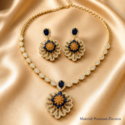 Vintage Layered Floral Peacock Flower Cubic Zirconia Necklace & Earrings Set, 18K Gold Plated Luxury Dark Blue Gem Statement Jewelry For Wedding Banquet - Image 5