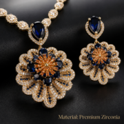 Vintage Layered Floral Peacock Flower Cubic Zirconia Necklace & Earrings Set, 18K Gold Plated Luxury Dark Blue Gem Statement Jewelry For Wedding Banquet - Image 4