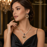 Vintage Layered Floral Peacock Flower Cubic Zirconia Necklace & Earrings Set, 18K Gold Plated Luxury Dark Blue Gem Statement Jewelry For Wedding Banquet
