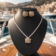 18K Rose Gold Plated 3D Rose Emerald Natural Zircon Fine Jewelry Set (Tennis Necklace + Rose Stud Earrings) - Image 5