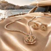 18K Rose Gold Plated 3D Rose Emerald Natural Zircon Fine Jewelry Set (Tennis Necklace + Rose Stud Earrings)