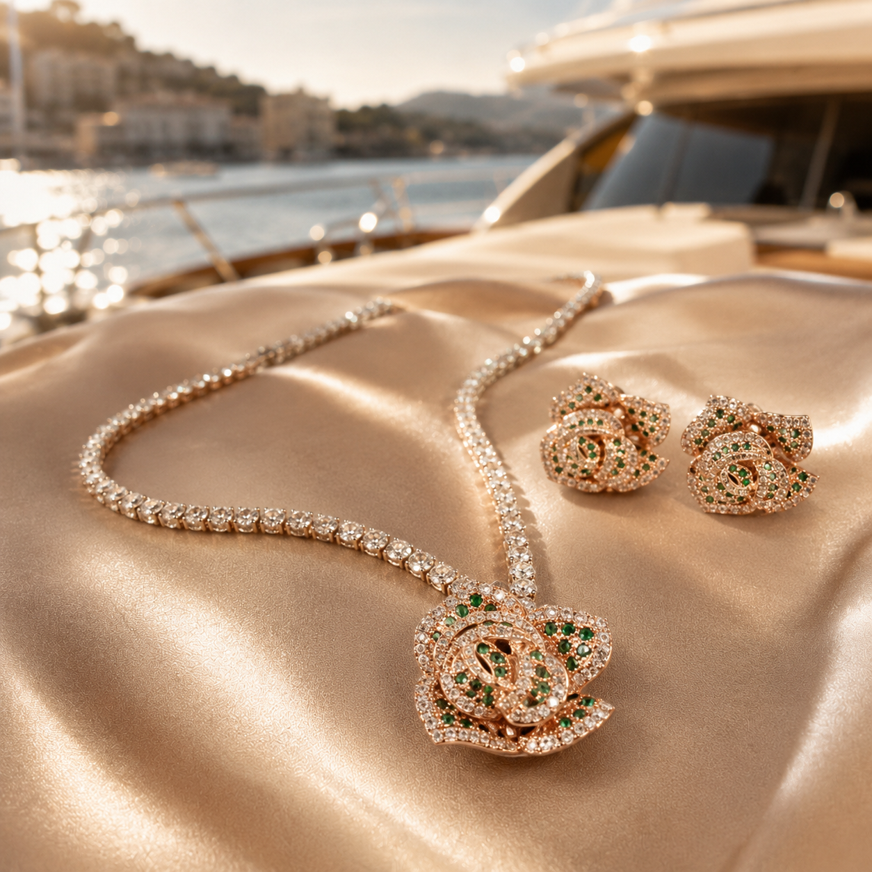 ChatGPT Image 2026年7月7日 15_06_15 (3) 18K Rose Gold Plated 3D Rose Emerald Natural Zircon Fine Jewelry Set (Tennis Necklace + Rose Stud Earrings) - Image 1