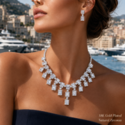 4-Color Rectangle Double Halo Fringe Natural Zircon Fine Jewelry Set (Tassel Necklace + Linear Drop Earrings) - Image 9