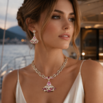 Artisan 3D Fan Enamel Pink Natural Zircon Fine Jewelry Set (Interlocking Chain Necklace + Fan Drop Earrings)