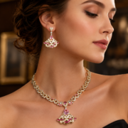 Artisan 3D Fan Enamel Pink Natural Zircon Fine Jewelry Set (Interlocking Chain Necklace + Fan Drop Earrings) - Image 2