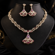 Artisan 3D Fan Enamel Pink Natural Zircon Fine Jewelry Set (Interlocking Chain Necklace + Fan Drop Earrings) - Image 3
