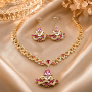 Artisan 3D Fan Enamel Pink Natural Zircon Fine Jewelry Set (Interlocking Chain Necklace + Fan Drop Earrings) - Image 4