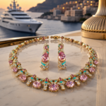 2-Tone Art Deco Enamel Natural Zircon 2-Piece Jewelry Set With Eternal Diamond-Like Brilliance