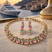 2-Tone Art Deco Enamel Natural Zircon 2-Piece Jewelry Set With Eternal Diamond-Like Brilliance