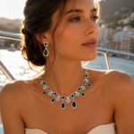 Royal Hollow Floral Emerald Teardrop Natural Zircon Matching Jewelry (Dangle Necklace + Teardrop Drop Earrings)