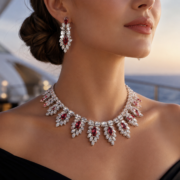 Red Marquise Zircon Micro Pave Necklace & Drop Earrings Set - Image 2