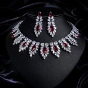 Red Marquise Zircon Micro Pave Necklace & Drop Earrings Set - Image 4