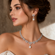 4-Color Quilted Natural Zircon & Shell Pearl Matching Jewelry Set (Drop Necklace + Pearl Drop Earrings) - Image 5