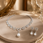 4-Color Quilted Natural Zircon & Shell Pearl Matching Jewelry Set (Drop Necklace + Pearl Drop Earrings) - Image 6