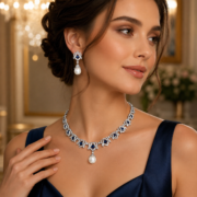 4-Color Quilted Natural Zircon & Shell Pearl Matching Jewelry Set (Drop Necklace + Pearl Drop Earrings) - Image 7