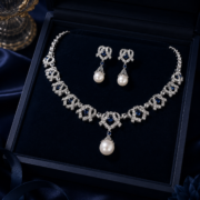 4-Color Quilted Natural Zircon & Shell Pearl Matching Jewelry Set (Drop Necklace + Pearl Drop Earrings) - Image 3