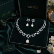 4-Color Quilted Natural Zircon & Shell Pearl Matching Jewelry Set (Drop Necklace + Pearl Drop Earrings) - Image 10