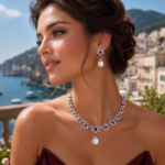 4-Color Quilted Natural Zircon & Shell Pearl Matching Jewelry Set (Drop Necklace + Pearl Drop Earrings)