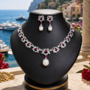 4-Color Quilted Natural Zircon & Shell Pearl Matching Jewelry Set (Drop Necklace + Pearl Drop Earrings) - Image 13