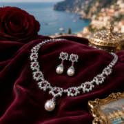 4-Color Quilted Natural Zircon & Shell Pearl Matching Jewelry Set (Drop Necklace + Pearl Drop Earrings) - Image 2