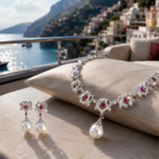 4-Color Quilted Natural Zircon & Shell Pearl Matching Jewelry Set (Drop Necklace + Pearl Drop Earrings) - Image 11