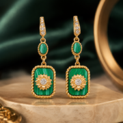Malachite Sunflower Square Drop Earrings, 18K Gold-Plated Vintage Retro Lucky Dangle Jewelry - Image 3