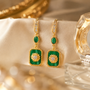 Malachite Sunflower Square Drop Earrings, 18K Gold-Plated Vintage Retro Lucky Dangle Jewelry - Image 2
