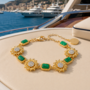 Vintage Spliced Malachite Texture Sunflower Natural Zircon Bracelet (18K Gold-Plated) - Image 4